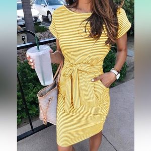 MEROKEETY Yellow & White Striped Dress Tie Waist with Pockets - Size M